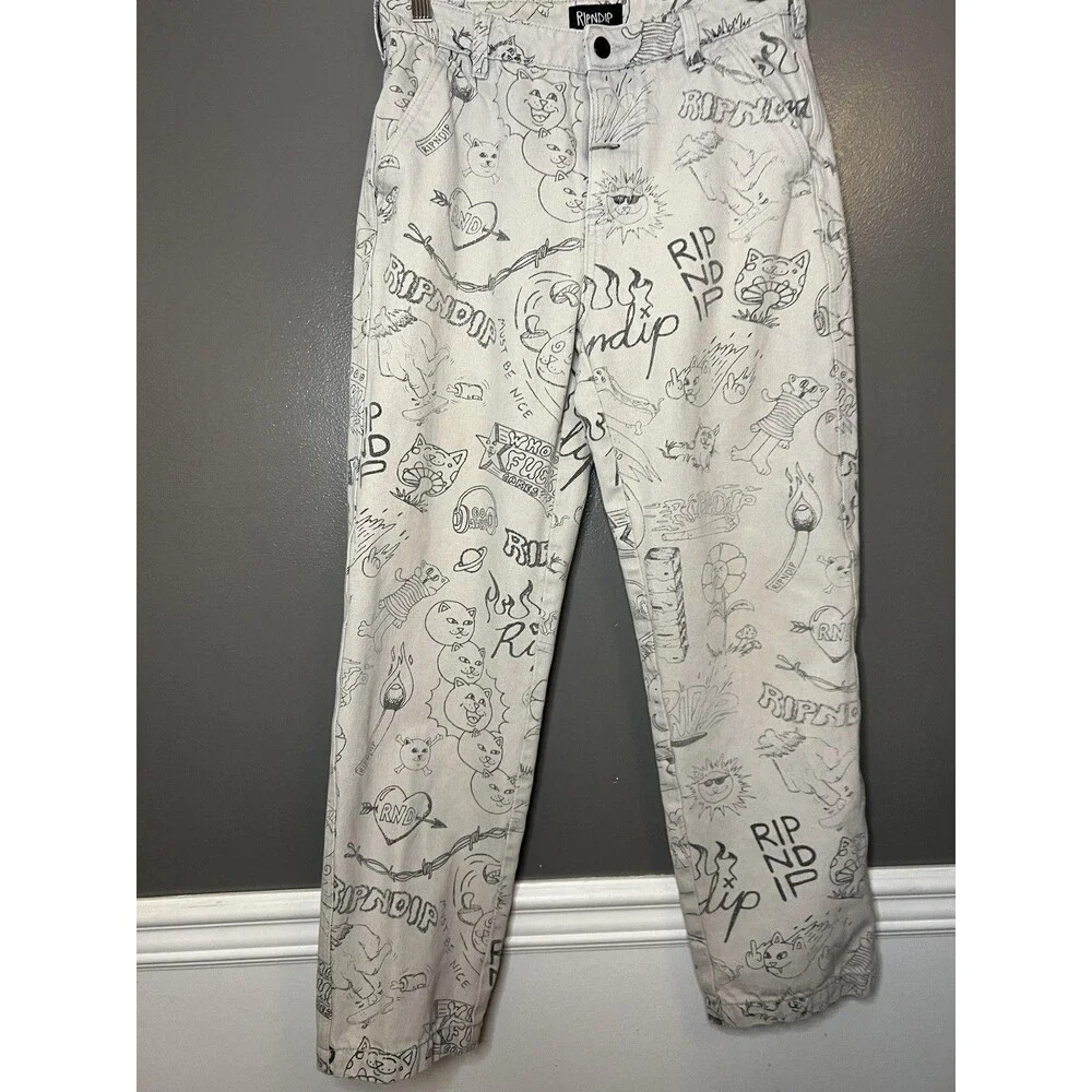 RIPNDIP Jeans Mens 30x28 White All Over Cat Print Straight Leg Denim Pants